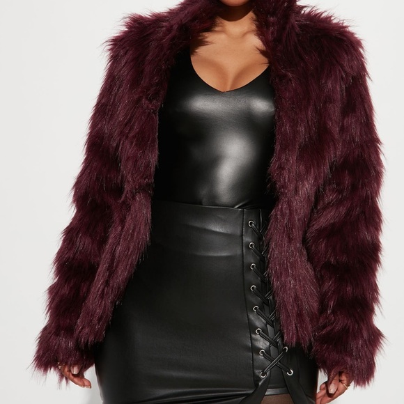 Sexy faux fur maroon burgundy wine fuzzy coat winter jacket medium - Picture 4 of 4
